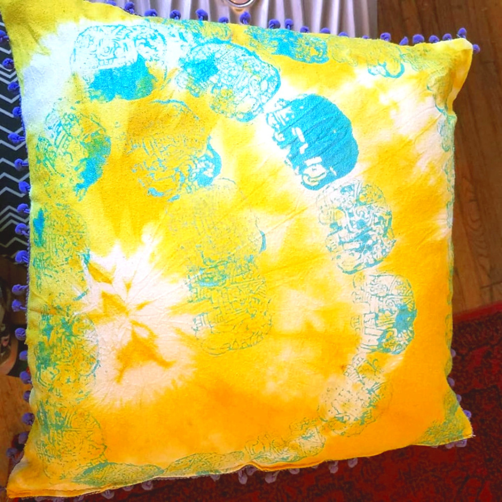 Hand dyed and printed silk noil decorative pillow
